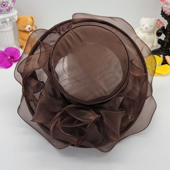 Beautiful 15" Wide Rim Brown Organza Dress Hat - Picture 4 of 6